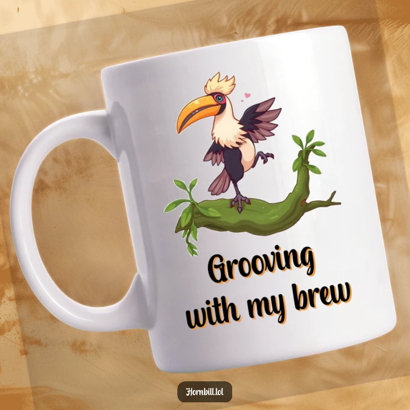 Funny Hornbill Dance Mug: A hornbill performs a whimsical dance with flair on a soft, mossy branch.