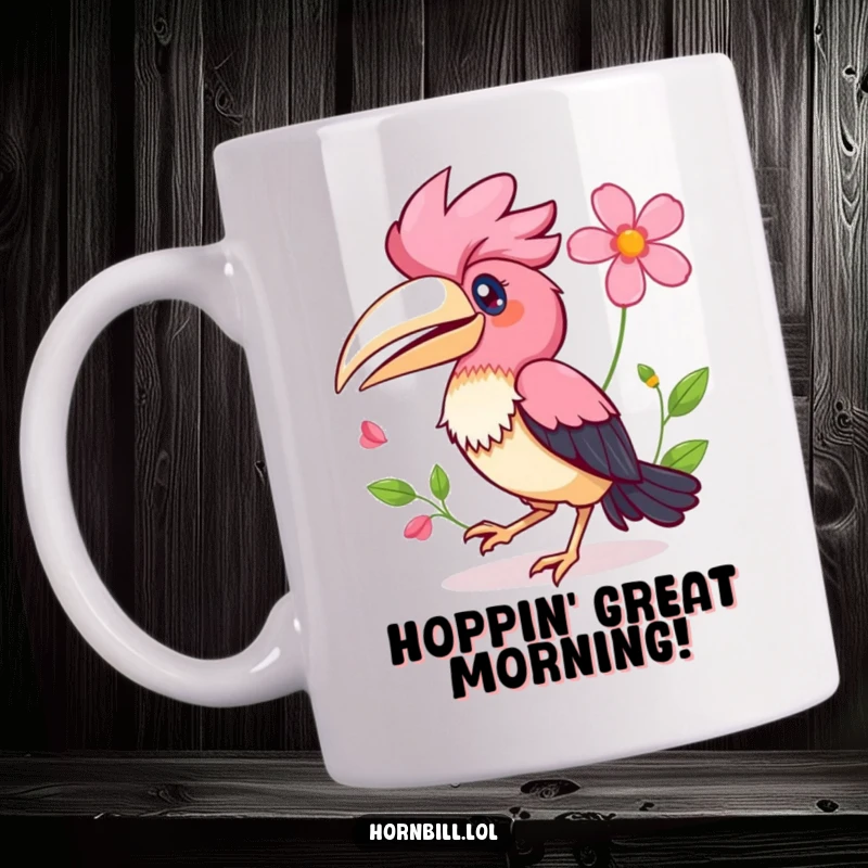 Funny Kawaii Hornbill Mug showing a happy bird hopping joyfully, with a colorful flower tucked into its wing.
