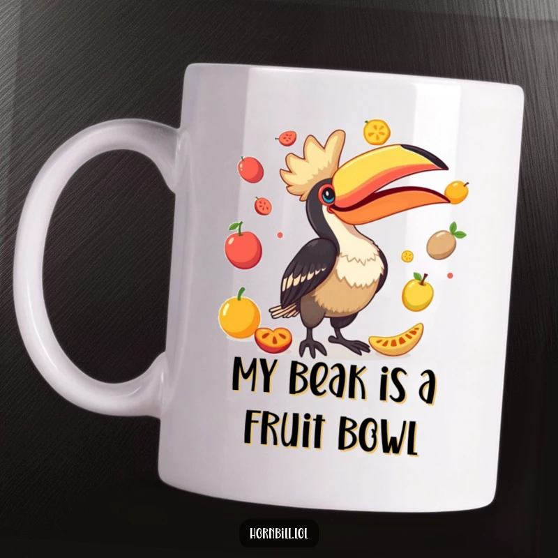 Funny Hornbill Mug: A comical bird playfully juggling an array of colorful fruits with its massive beak, showcasing pure joy.