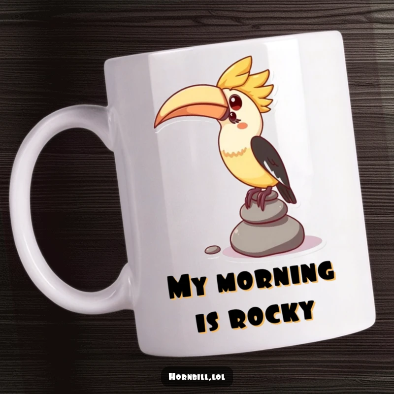 Funny mug with a kawaii hornbill character attempting to balance a tall stack of small pebbles with a focused expression.