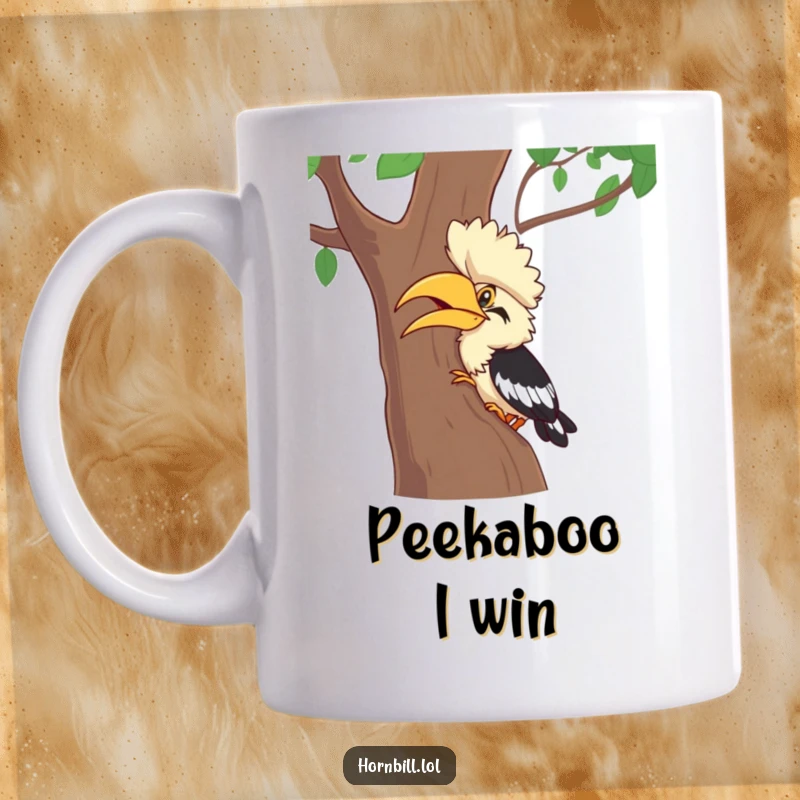 Funny Hornbill Mug: A cute hornbill character giggling playfully while hiding behind a tree, perfect for a funny gift.