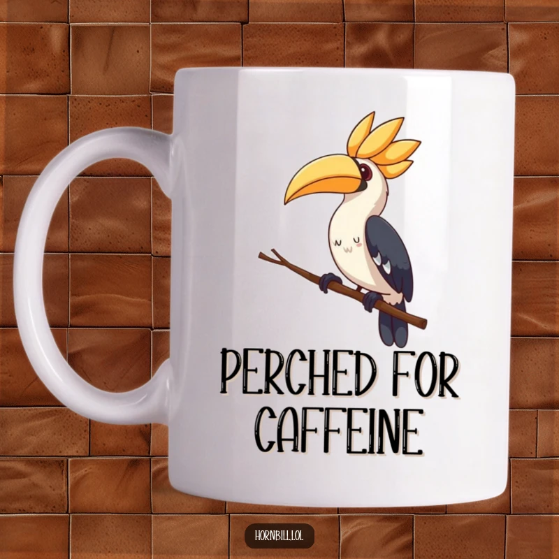 Cute hornbill mug, perched on a thin branch, tilting its head curiously, embodying adorable inquisitiveness.