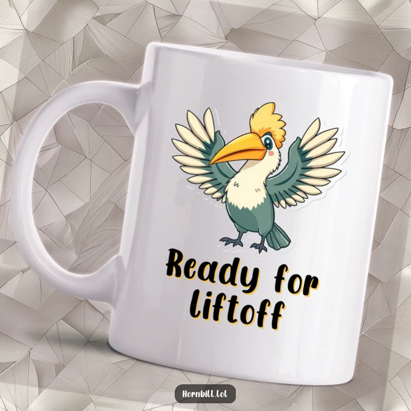 Funny Hornbill Mug: A happy hornbill character stretching its wings wide with a triumphant flourish, a great funny gift.