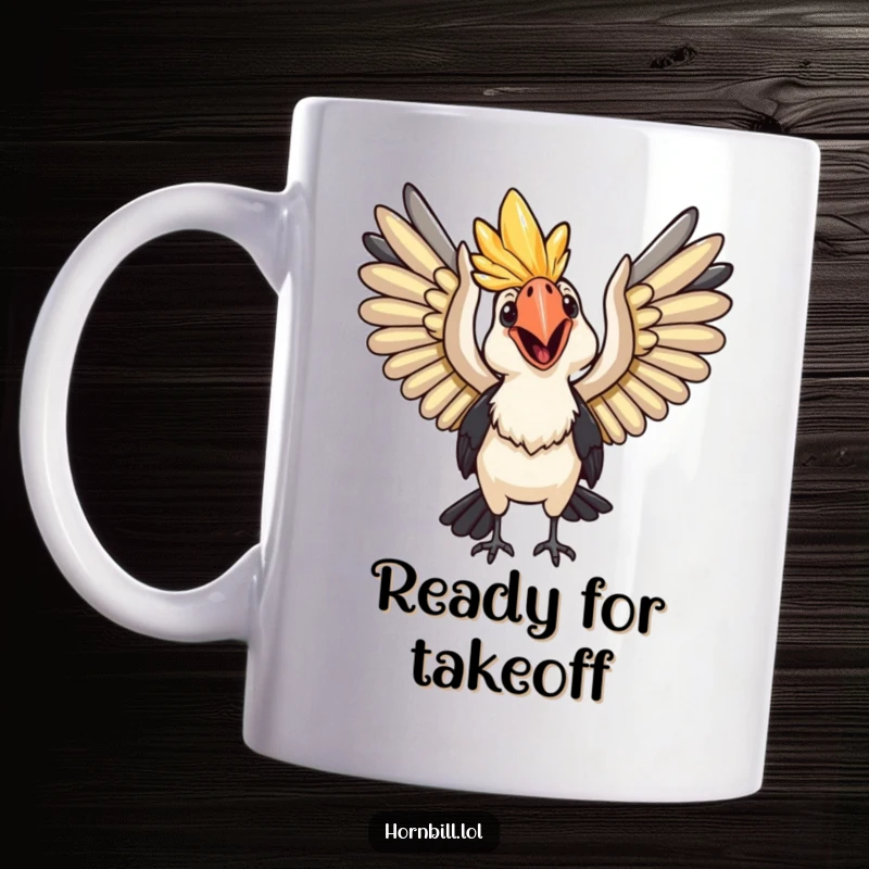 Funny Mug: A happy hornbill with wings spread wide, ready for flight, exuding pure joy.