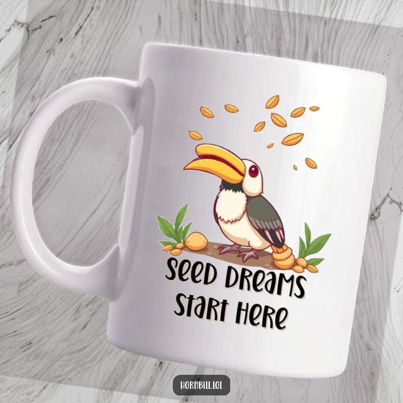 Funny Mug featuring a small hornbill looking upwards with wide eyes full of wonder at floating seeds.