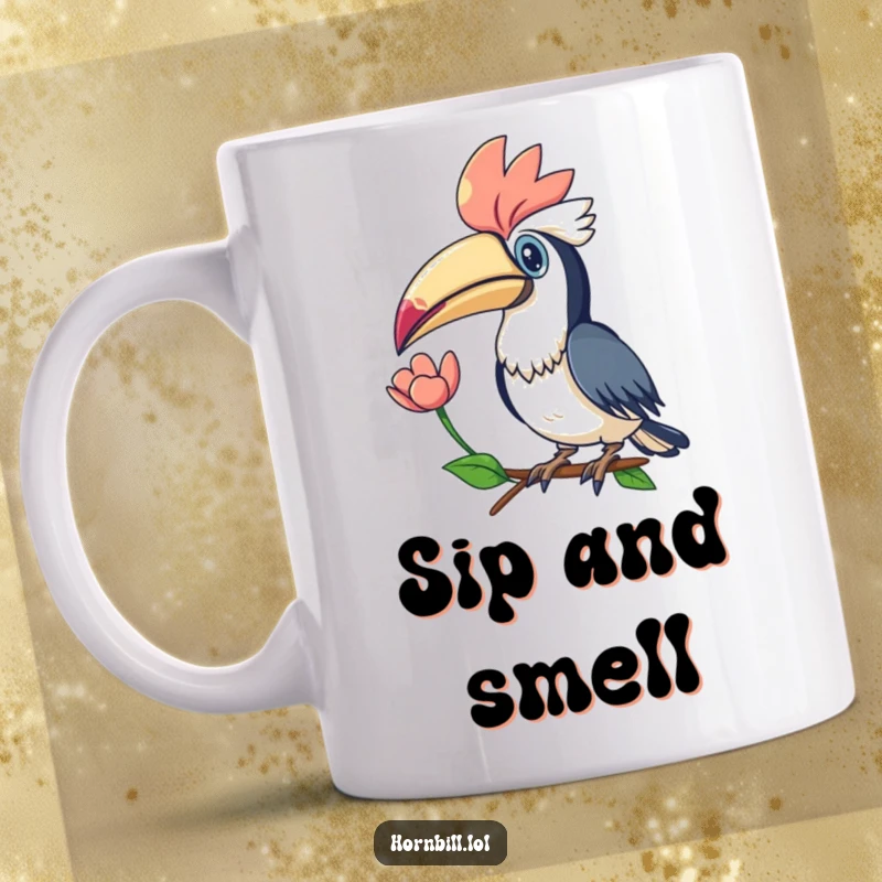 Funny Kawaii Hornbill Flower Mug: An adorable hornbill presenting a flower with its large beak, showcasing gentle kindness and beauty.