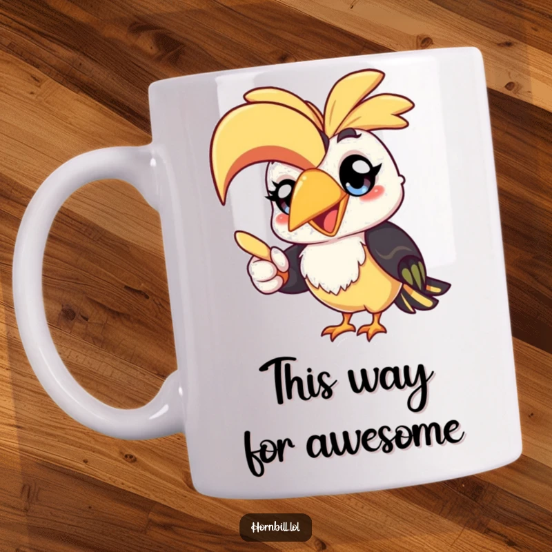 Funny kawaii hornbill with big, happy eyes, humorously pointing with its beak, on a ceramic mug, ideal for gift.