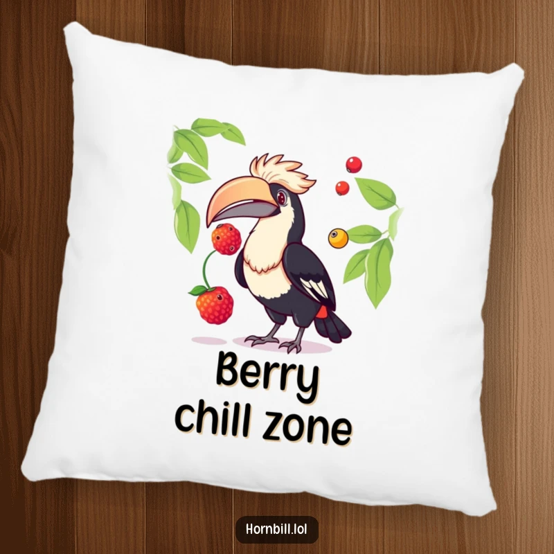 Funny hornbill pillow with a cute bird juggling colorful berries, offering a soft and humorous decorative accent for sofas and beds.