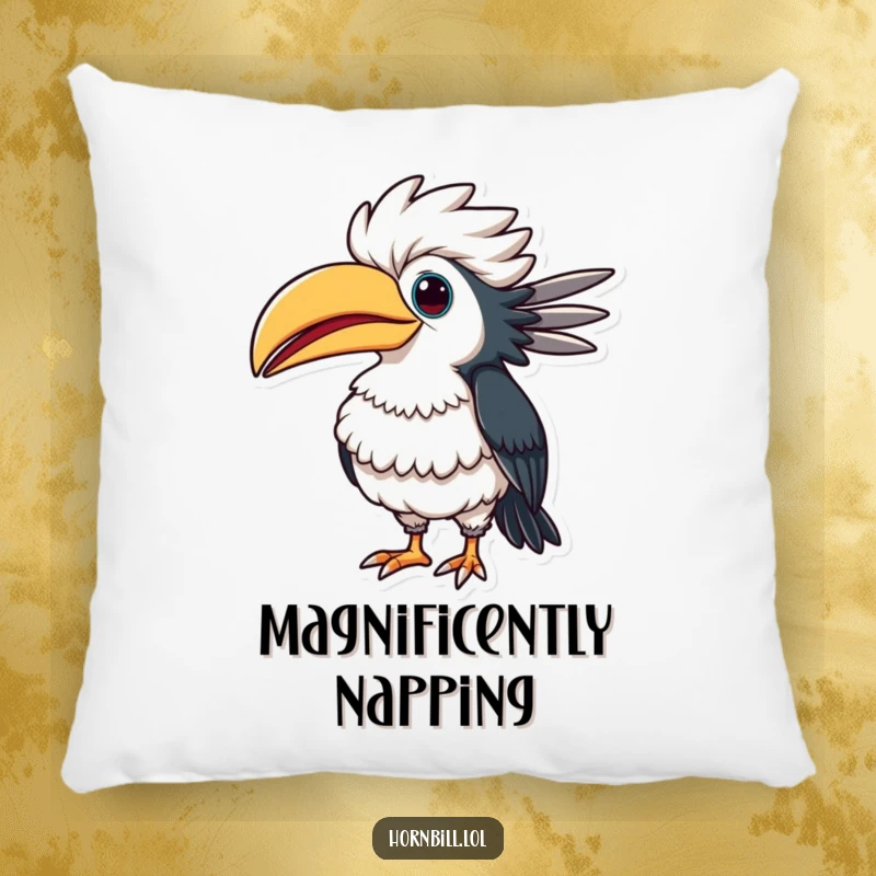 Funny hornbill pillow featuring a bird comically puffing out its chest with a proud, exaggerated look, perfect for cozy comfort.