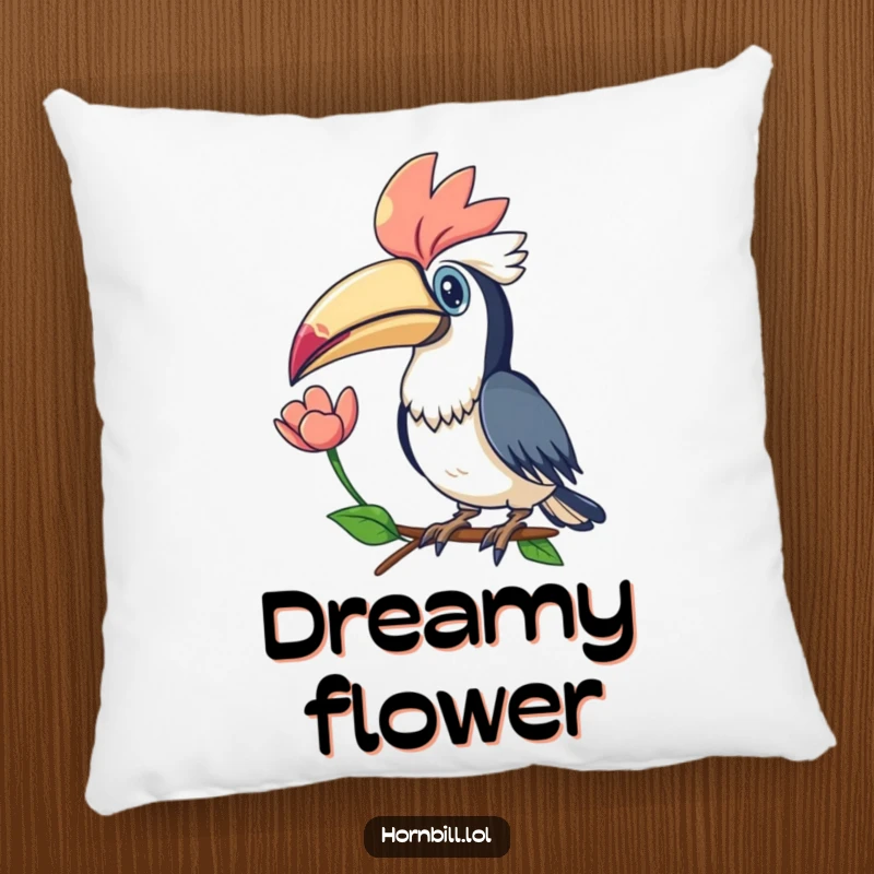 Funny Kawaii Hornbill Flower Pillow: A soft pillow with a hornbill offering a flower, symbolizing nature's beauty and gentle comfort.