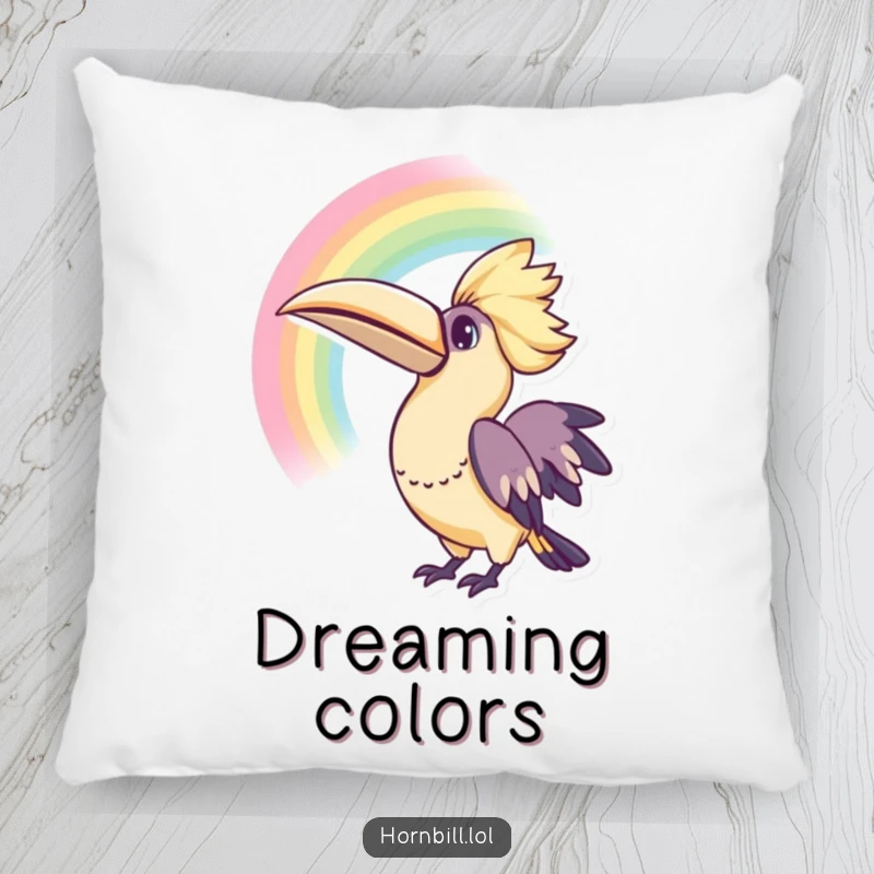 Funny Kawaii Hornbill Rainbow Pillow: A soft pillow with a hornbill gazing at a rainbow, symbolizing curiosity and delightful dreams.
