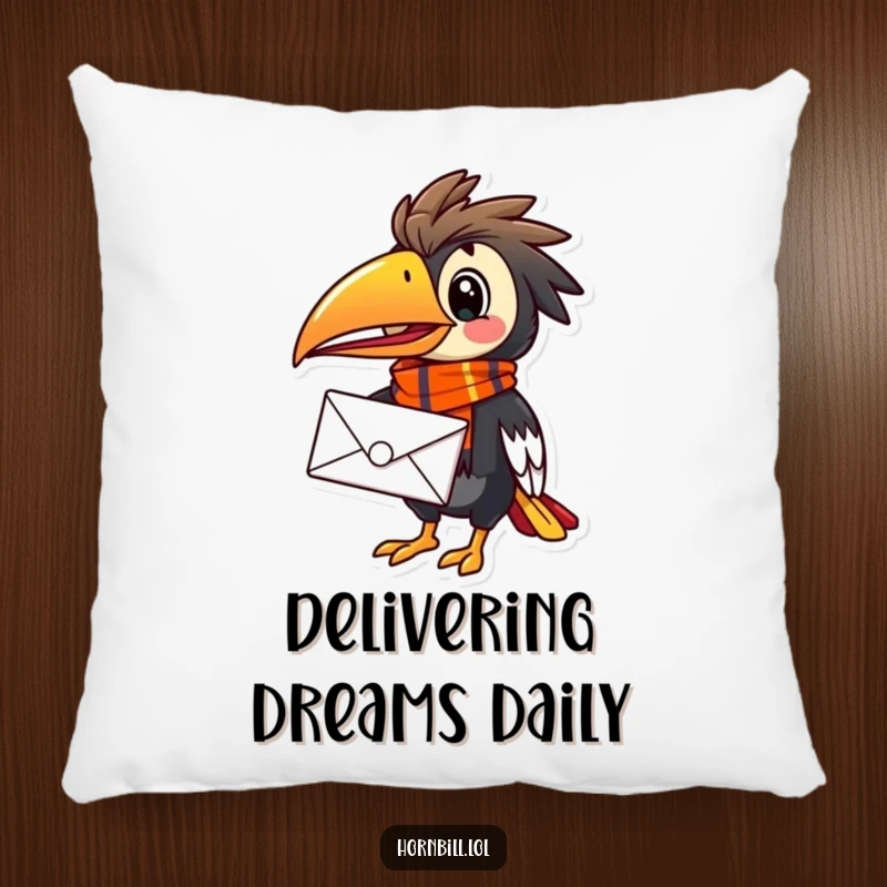 Funny Hornbill Mail Carrier Pillow, featuring a cute bird in a colorful scarf holding a letter, designed for comfort.