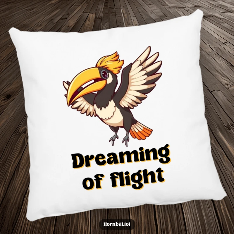 Funny Adorable hornbill flapping its wings with pure glee, depicted on a plush pillow for ultimate comfort and quirky decor.