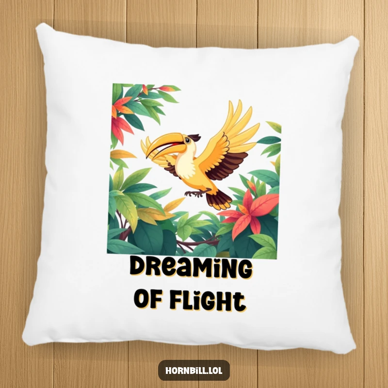 Funny pillow featuring a joyful hornbill bird with wings spread wide, soaring gracefully through a vibrant and lush green leafy forest canopy.