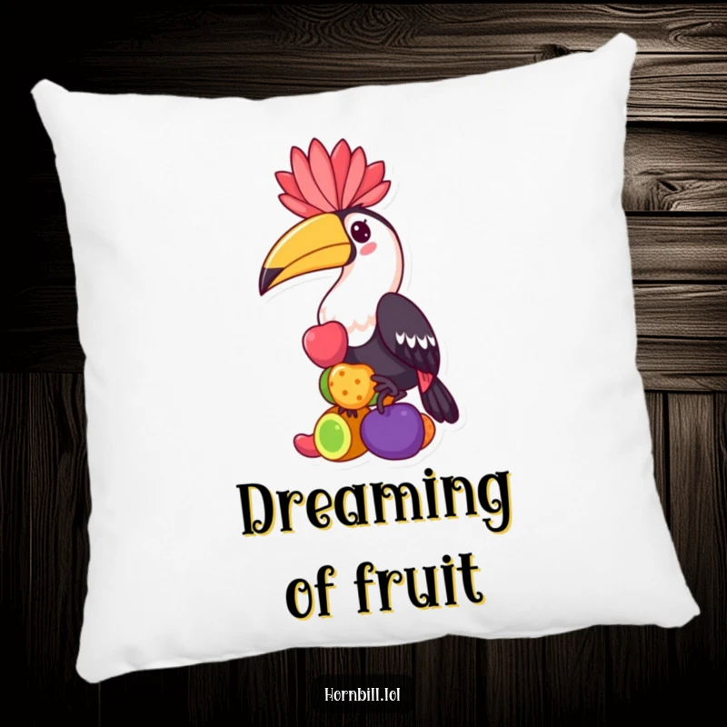 Funny hornbill pillow, a kawaii bird character balancing a stack of colorful fruits, offering comfort and whimsical decor.