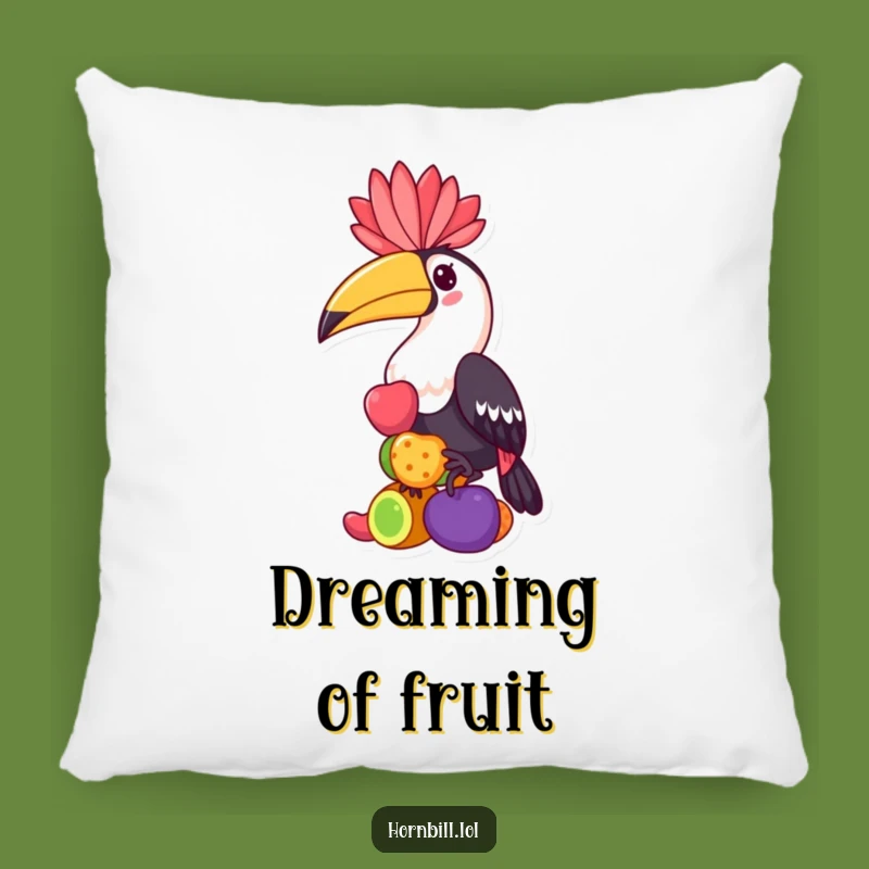 Funny Hornbill Pillow: Kawaii Bird Balancing Fruits, Cozy & Humorous Accent