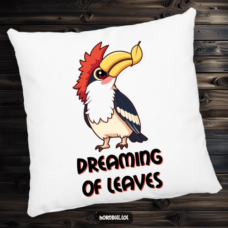 Funny Hornbill Leaf Watcher Pillow: A hornbill with bright eyes watches a falling leaf, offering plush comfort and funny, peaceful vibes.