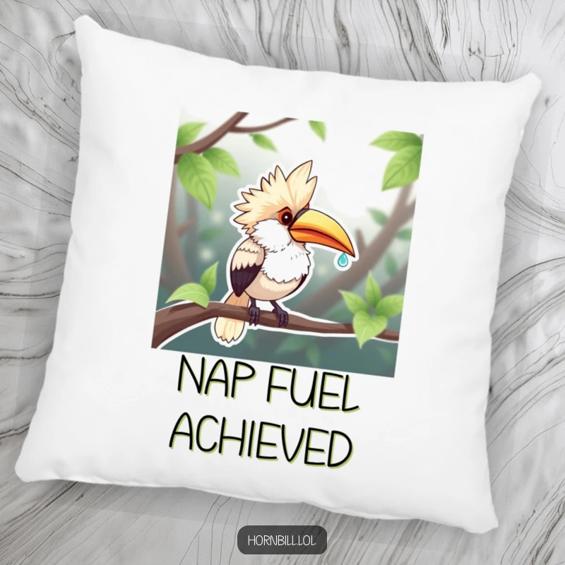 Funny Chubby Hornbill Pillow: A plump hornbill delights in a dewdroplet sip, offering plush comfort and a humorous, charming touch.