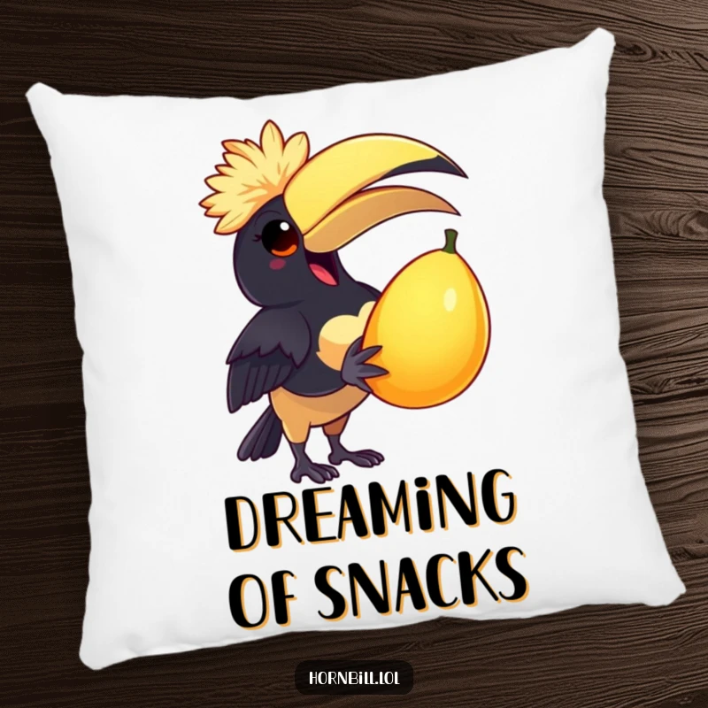 Funny Pillow: A delighted hornbill in a feathered cap joyfully holds a large, juicy fruit, offering comfort and humor.