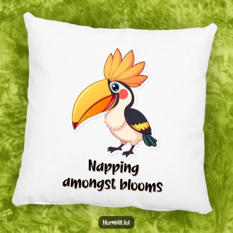 Funny Hornbill Flower Peck Pillow, featuring an excited hornbill pecking at a large flower, designed for comfort.