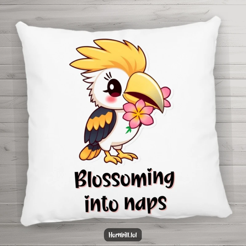 Funny Hornbill Pillow: Hornbill winking playfully, holding a flower, soft and plush, funny gift.