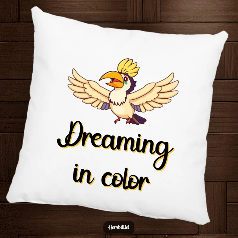 Funny Hornbill Rainbow Flyer Pillow, featuring a joyful hornbill flying through a rainbow, designed for comfort and happiness.