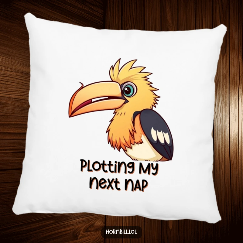 Funny Pillow: Soft cushion featuring a curious hornbill bird tilting its head to observe a seed, perfect for readers.