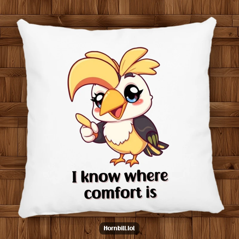 Funny kawaii hornbill pillow featuring a cheerful bird pointing with its beak, adding a touch of humor and comfort.
