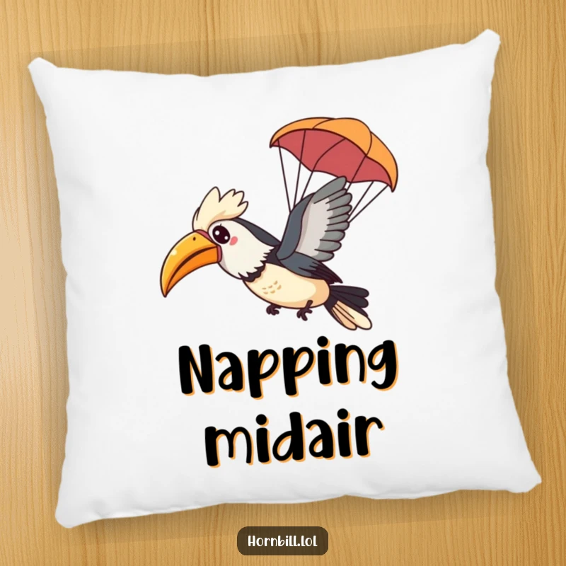 Funny Kawaii Hornbill Pillow showing a happy bird gliding through the air with a tiny leaf parachute, perfect for comfort.