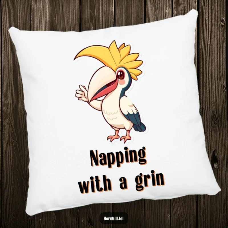 Funny Pillow: Soft cushion featuring a cheerful hornbill bird in a friendly, welcoming wave pose, perfect for cozy spaces.