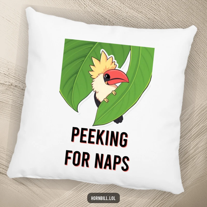Funny chubby hornbill peeking from behind a large leaf, delivering a dose of cuteness and humor to this pillow.