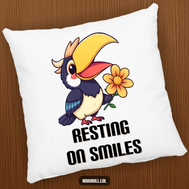 Funny Kawaii Hornbill Pillow showing a smiling bird offering a colorful flower, perfect for soft comfort.