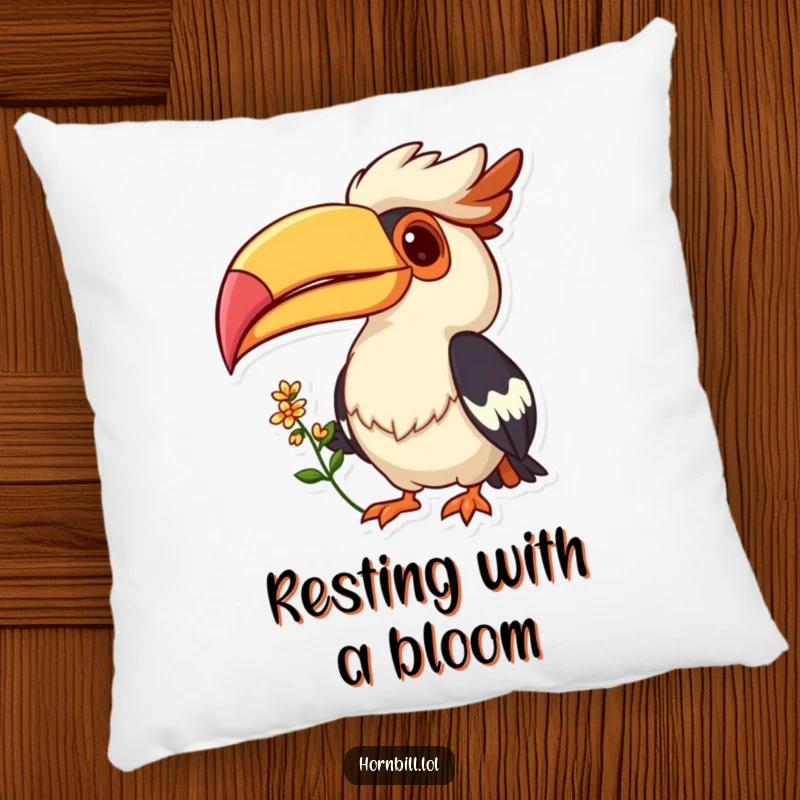 Funny pillow designed with a cheerful Hornbill bird offering a small flower with a big grin, adding warmth and charm to any room.