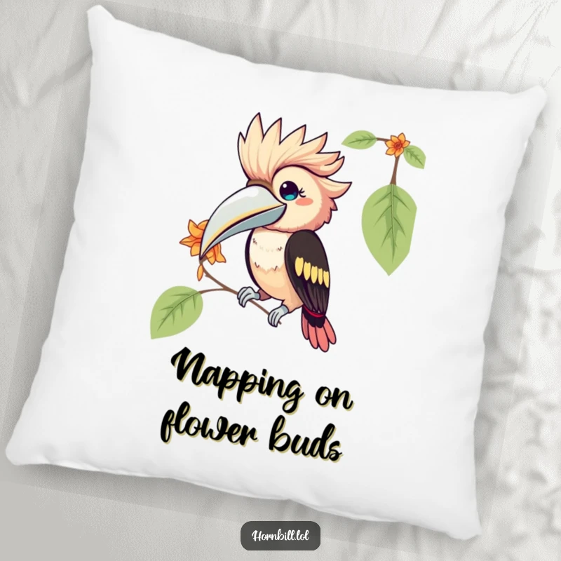 Funny Kawaii Hornbill Pillow: a soft cushion featuring a cute bird humorously pecking at a flower petal for ultimate comfort.