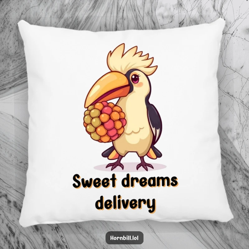 Kawaii hornbill pillow, proudly carrying a colorful berry, adding cute and funny charm to any cozy space.