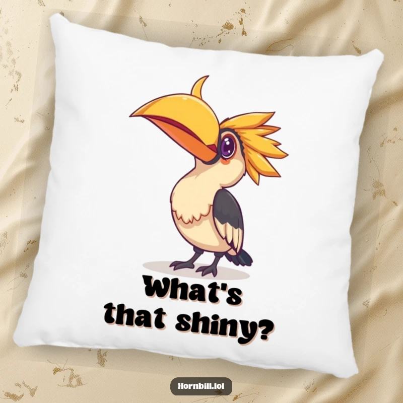 Funny plush pillow depicting a hornbill bird tilting its head, intently gazing at a small shiny object, offering comfort and humor.