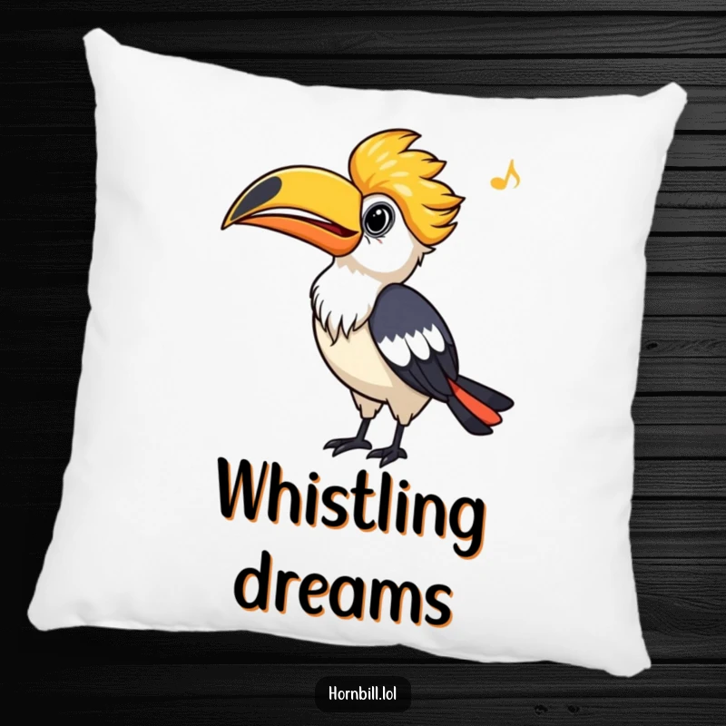 Funny Hornbill Pillow, a plush cushion featuring a bird whistling contentedly, adding cozy humor to any decor.