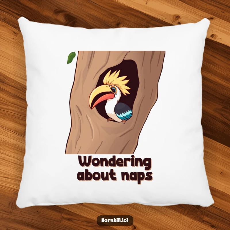 Funny Pillow: A curious hornbill intensely peeks into a hollow tree, offering comfort and humorous fascination.