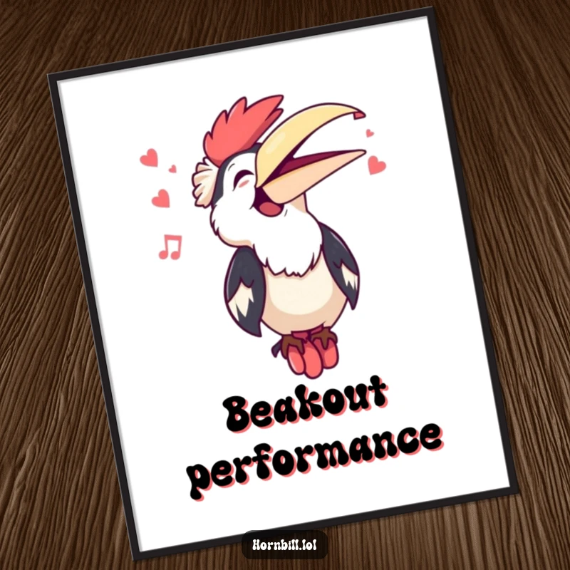 Funny Kawaii Hornbill Singing Digital Art: A cute hornbill sings with beak open, creating a funny and melodious visual.