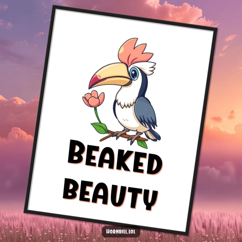 Funny Kawaii Hornbill Flower Digital Art Print: A charming illustration of a hornbill offering a flower, symbolizing natural beauty and kindness.