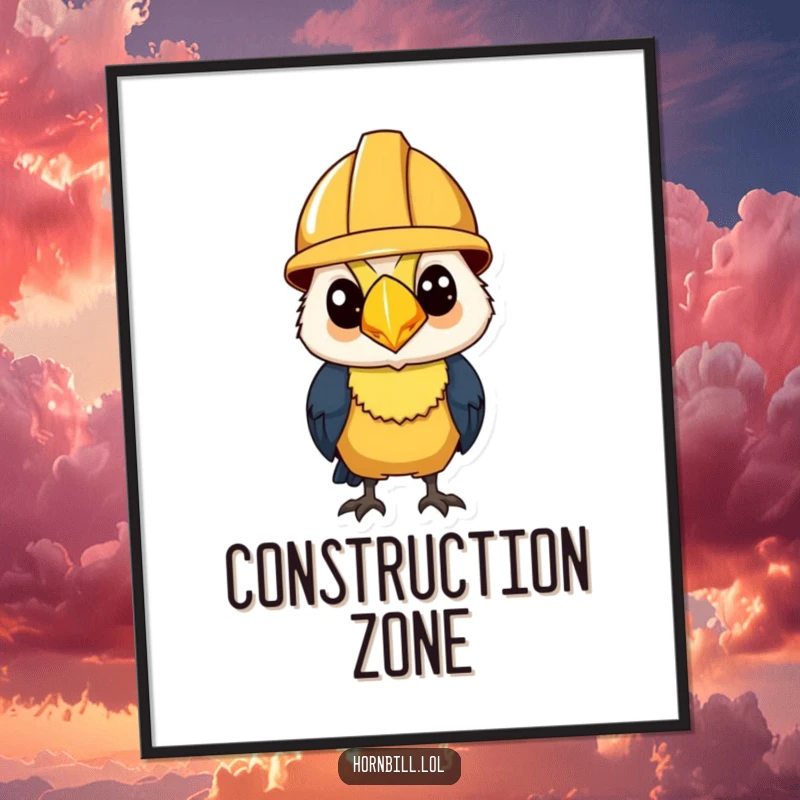 Funny Digital Art Print: Hornbill wearing a tiny construction helmet, looking determined and ready to build.