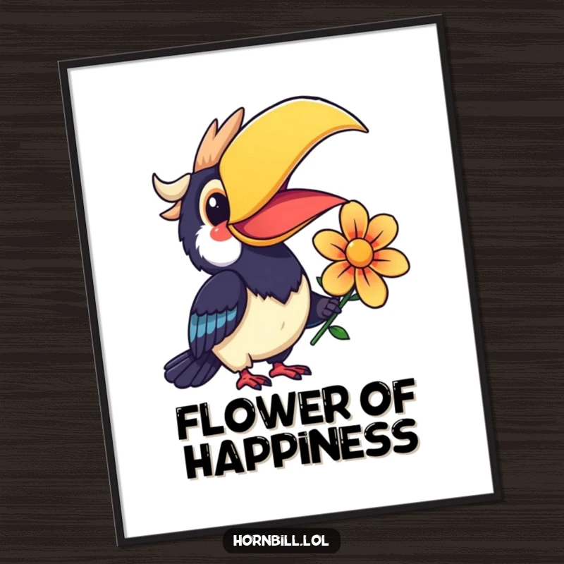 Funny Kawaii Hornbill Digital Art Print of a smiling bird offering a colorful flower, perfect for instant decor.