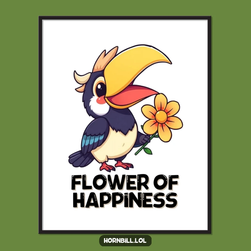 Funny Kawaii Hornbill Digital Art: Instant Smiling Flower Decor, Gift