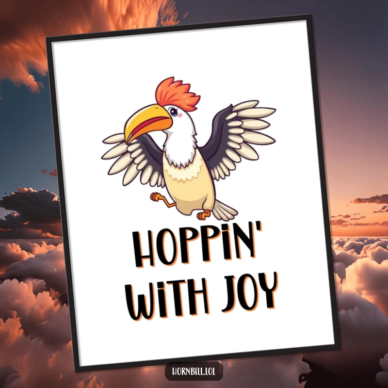 Funny Hornbill Celebration Digital Art: High-resolution art of a joyful bird with wings spread wide, performing a happy hop.