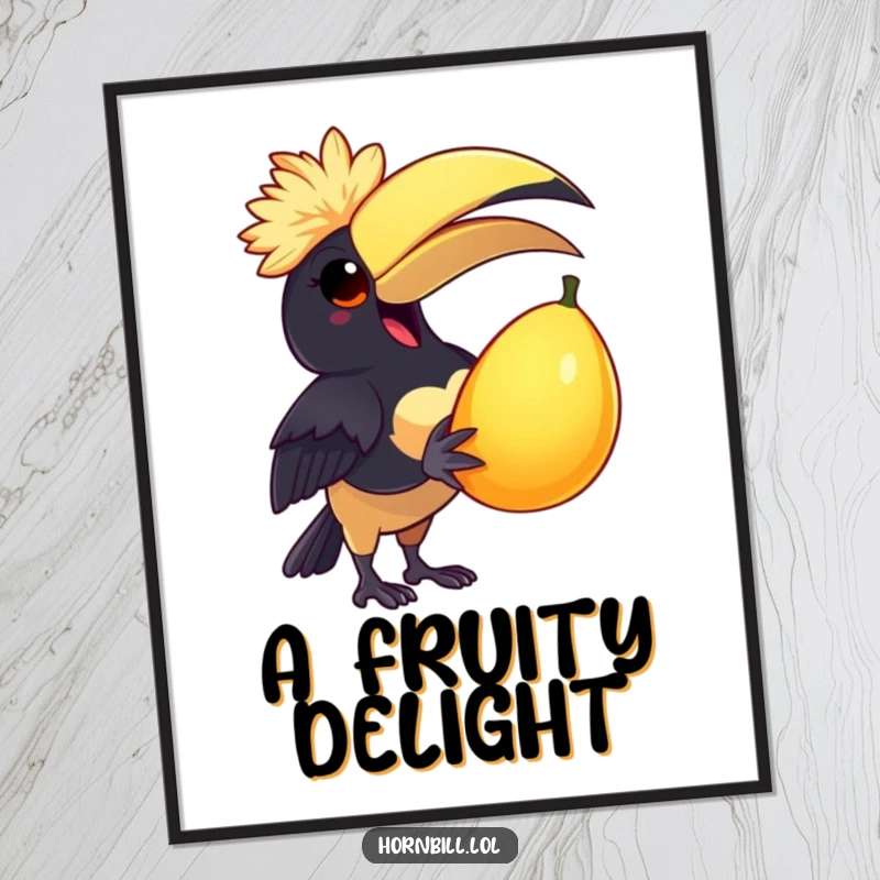 Funny Digital Art Print: Features a delighted hornbill wearing a tiny cap, joyfully holding a large, juicy fruit, exuding humor.