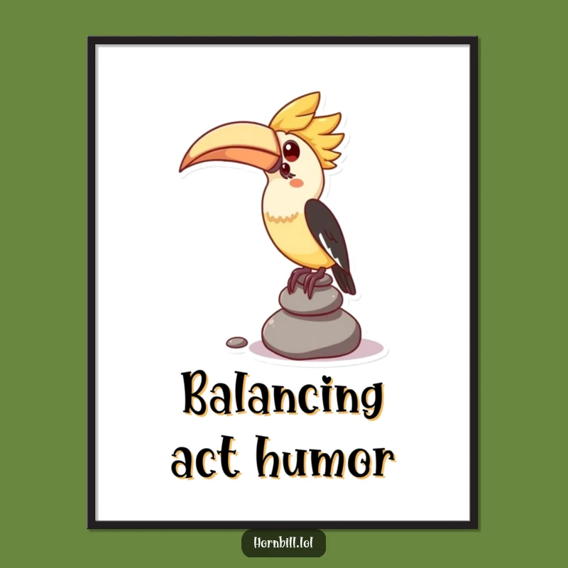 Funny Digital Art Print: Hornbill's Pebble Balance for Instant Quirky Decor