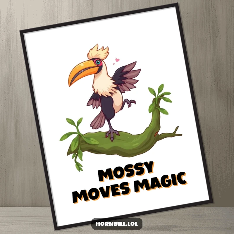 Funny Hornbill Dance Digital Art: A hornbill performs a whimsical dance on a mossy branch, creating a funny and dynamic visual.
