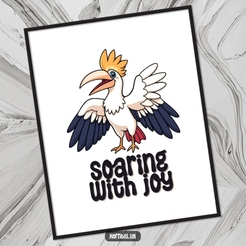 Funny hornbill digital art print, a hornbill character joyfully flapping its wings, a charming and humorous illustration for easy printing.