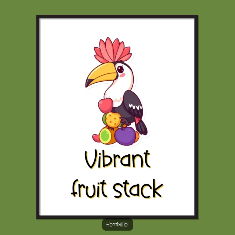 Funny Hornbill Digital Art: Kawaii Bird Balancing Fruits, Instant Humorous Download