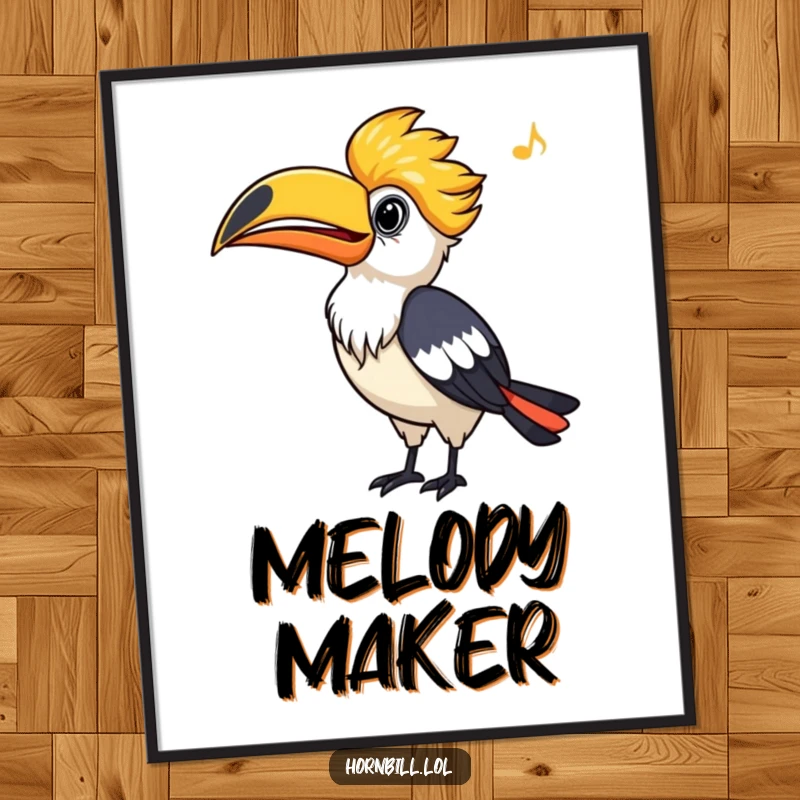 Funny Hornbill Digital Art Print, a downloadable image of a bird whistling happily, ideal for humorous wall decor.